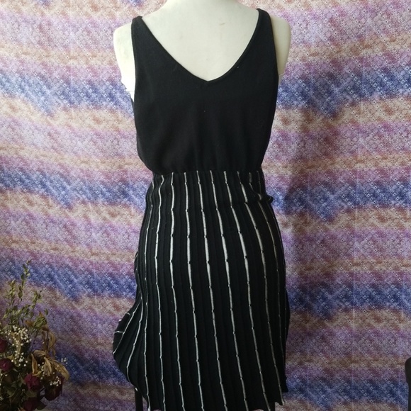 Black Sleeveless Mini Dress w/ White Stripes, - Picture 3 of 4